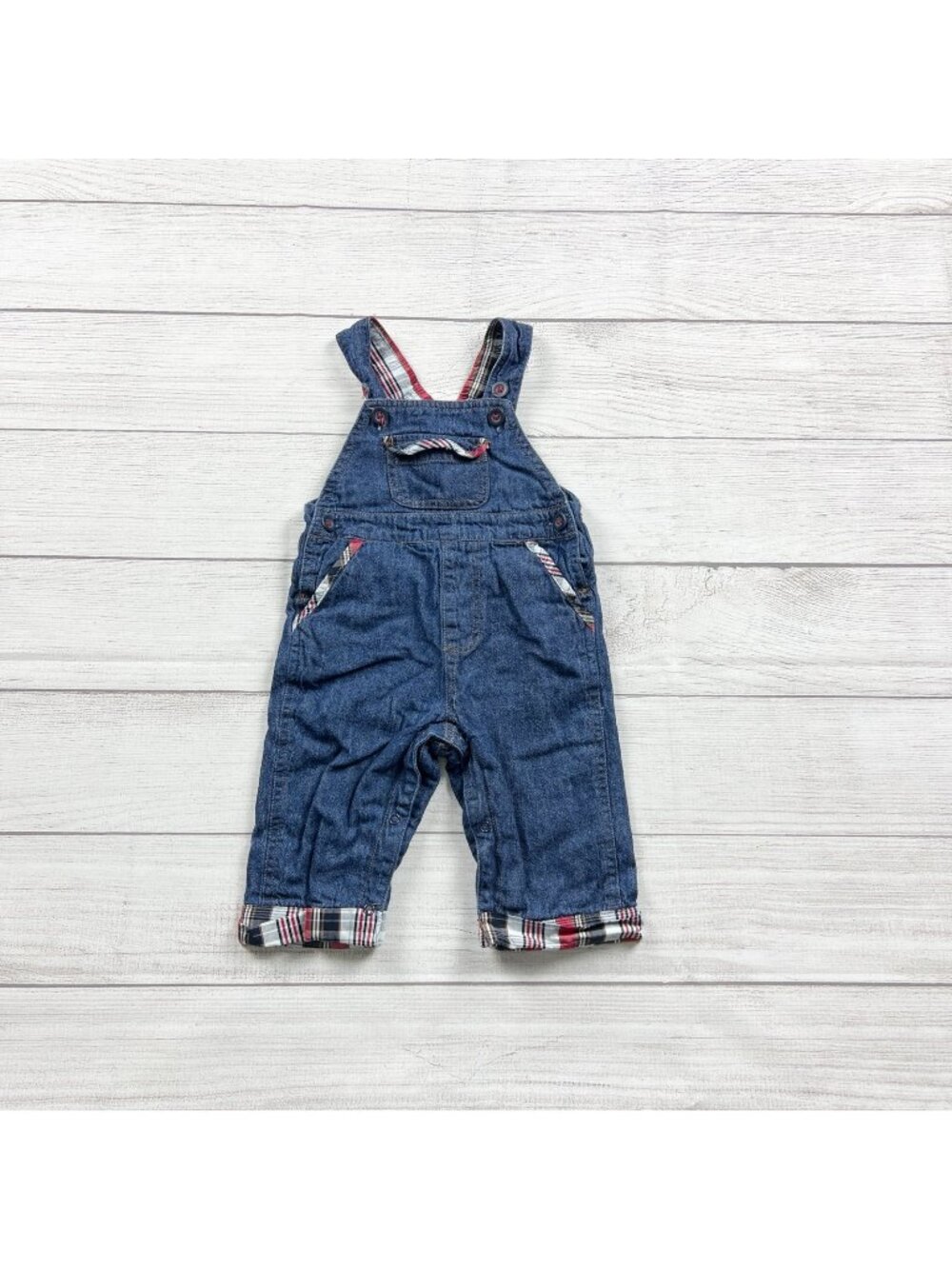 Kitestrings Baby Denim Overalls Plaid Accents Cuffs 3-6 Months